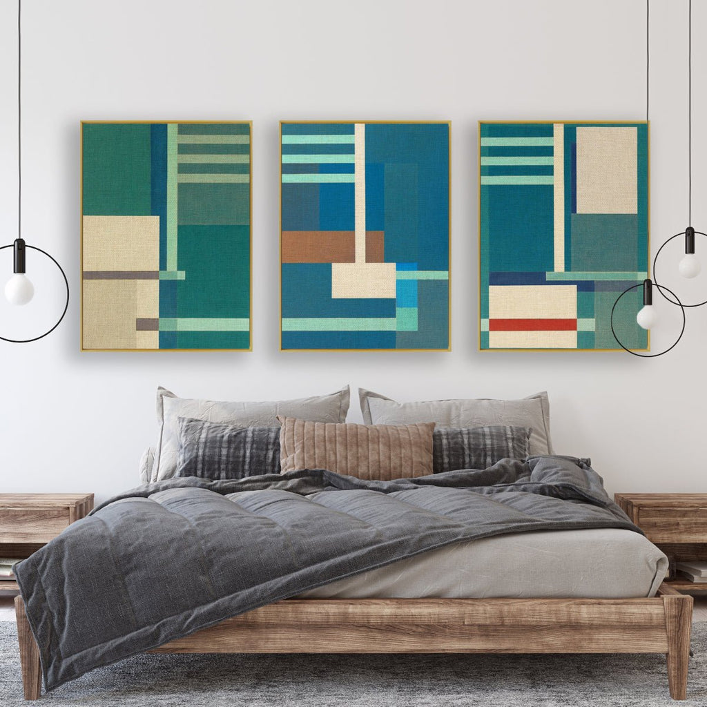 Container Stacking Canvas framed 3 piece canvas wall art piece for sale at Vybe Interior