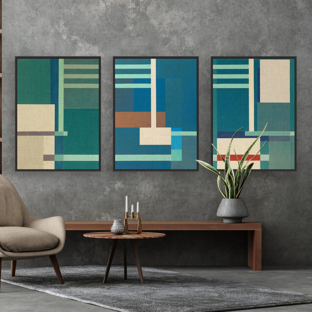Container Stacking large canvas framed 3 piece large canvas wall art piece for sale at Vybe Interior