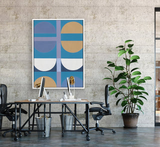 Half Circles 2 framed vertical large canvas wall art piece for sale at Vybe Interior