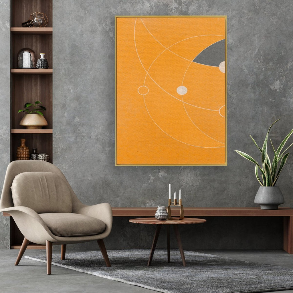 Orbiting 1 framed vertical canvas wall art piece for sale at Vybe Interior