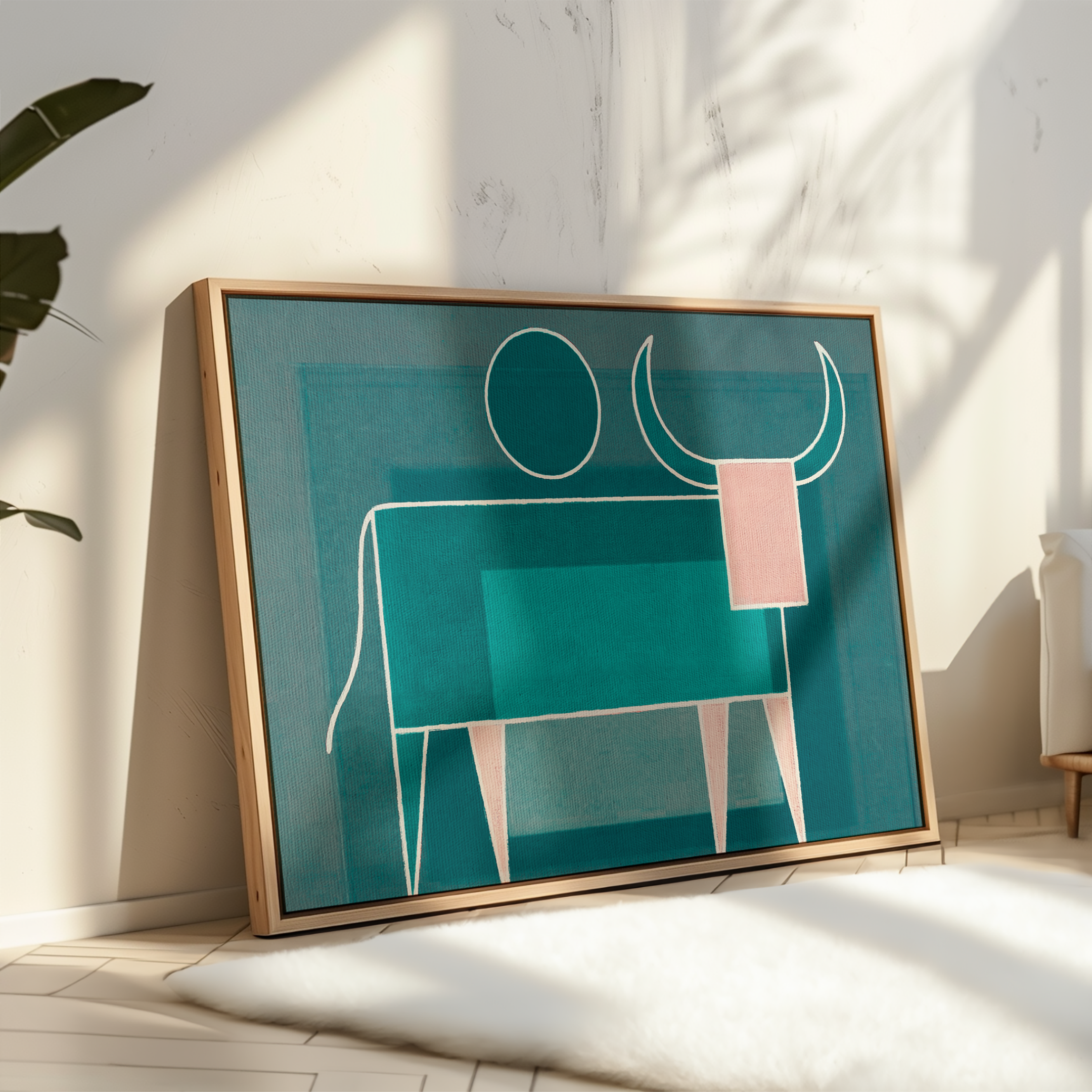 Abstract bull artwork in teal and pink, framed in natural wood, leaning against a wall. - Vybe Interior