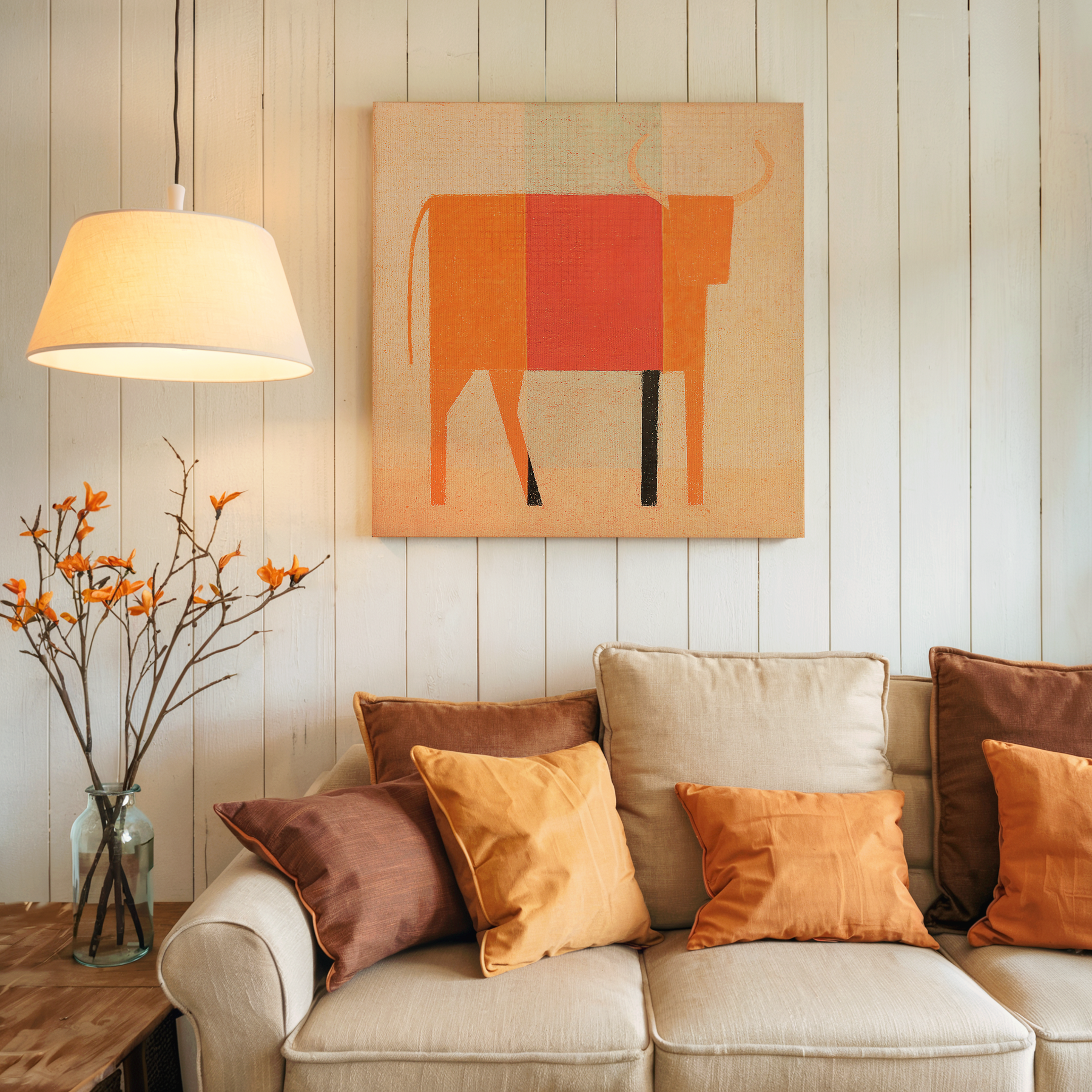 Orange and brown pillows on a cream sofa, with a bull painting and a lamp above. - Vybe Interior