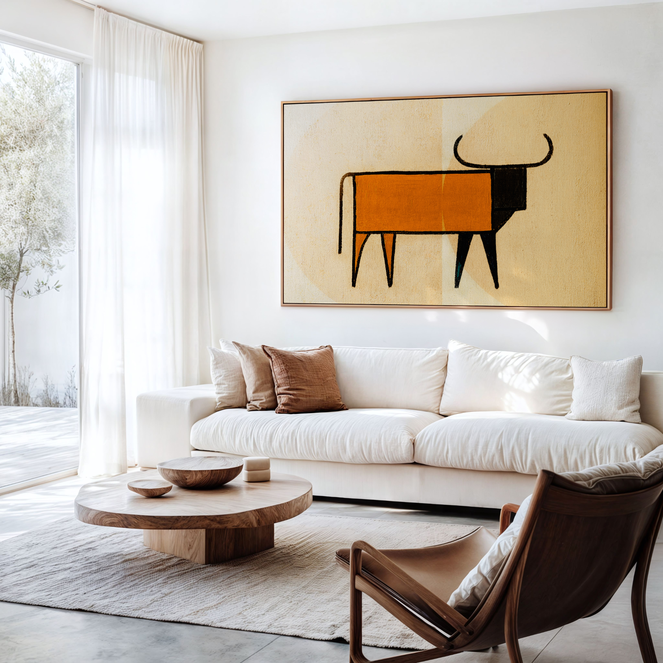 Modern living room with a white sofa, wooden coffee table, and a bull painting. - Vybe Interior