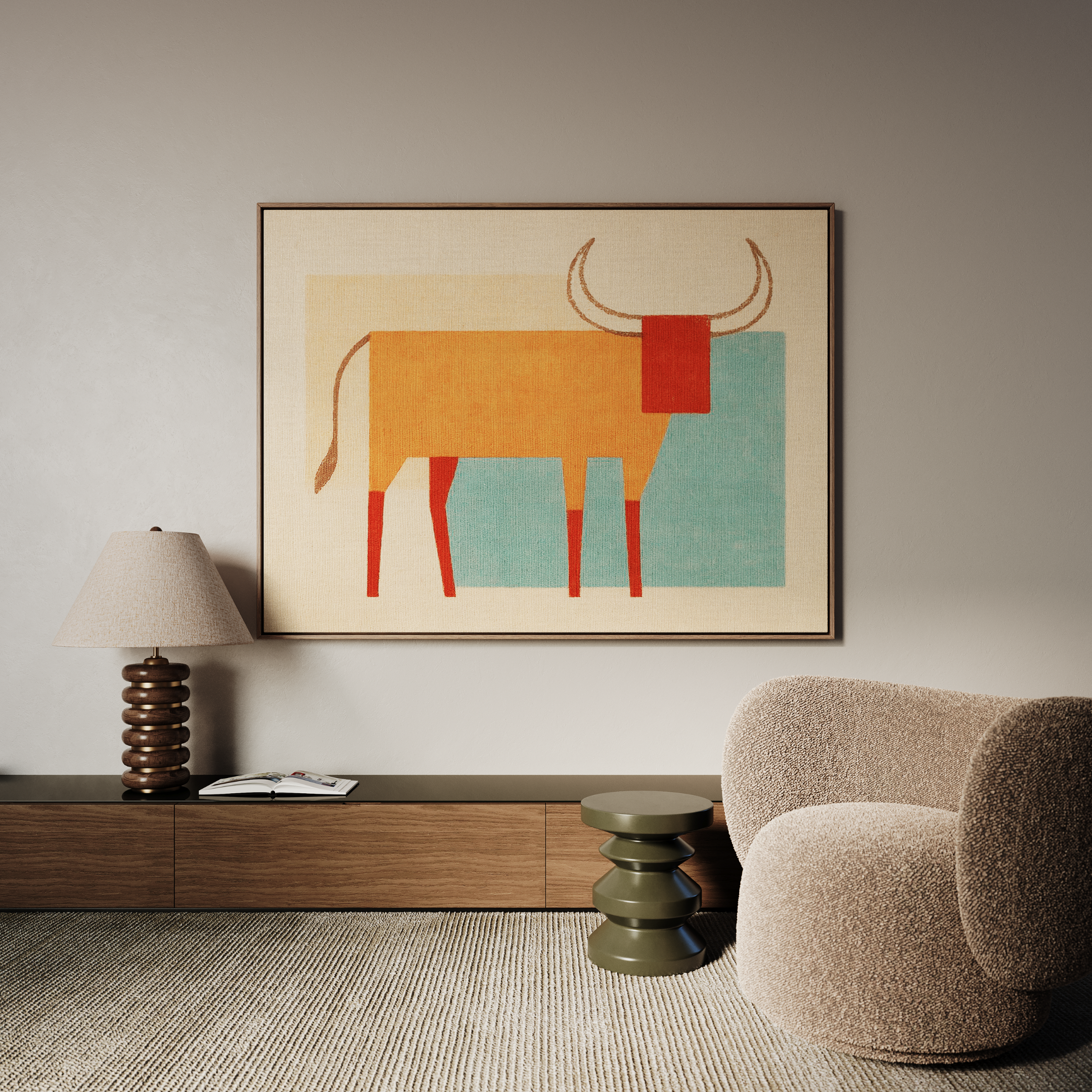Colorful abstract bull artwork on wall, beige lamp, textured round chair, wooden furniture - Vybe Interior