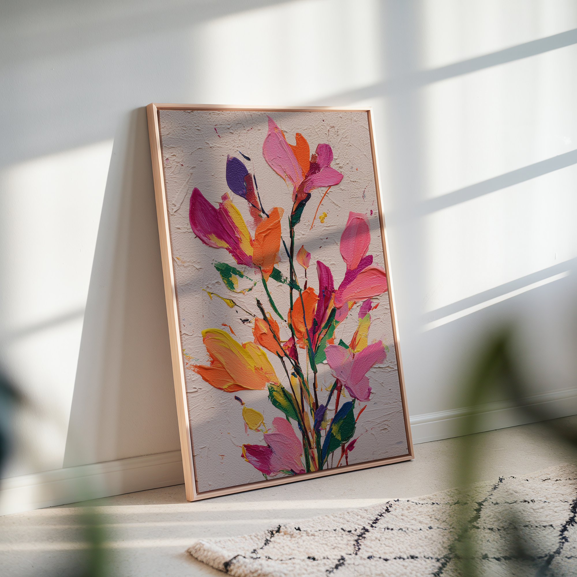 Colorful floral artwork in a light wooden frame, leaning against a wall with shadows. - Vybe Interior