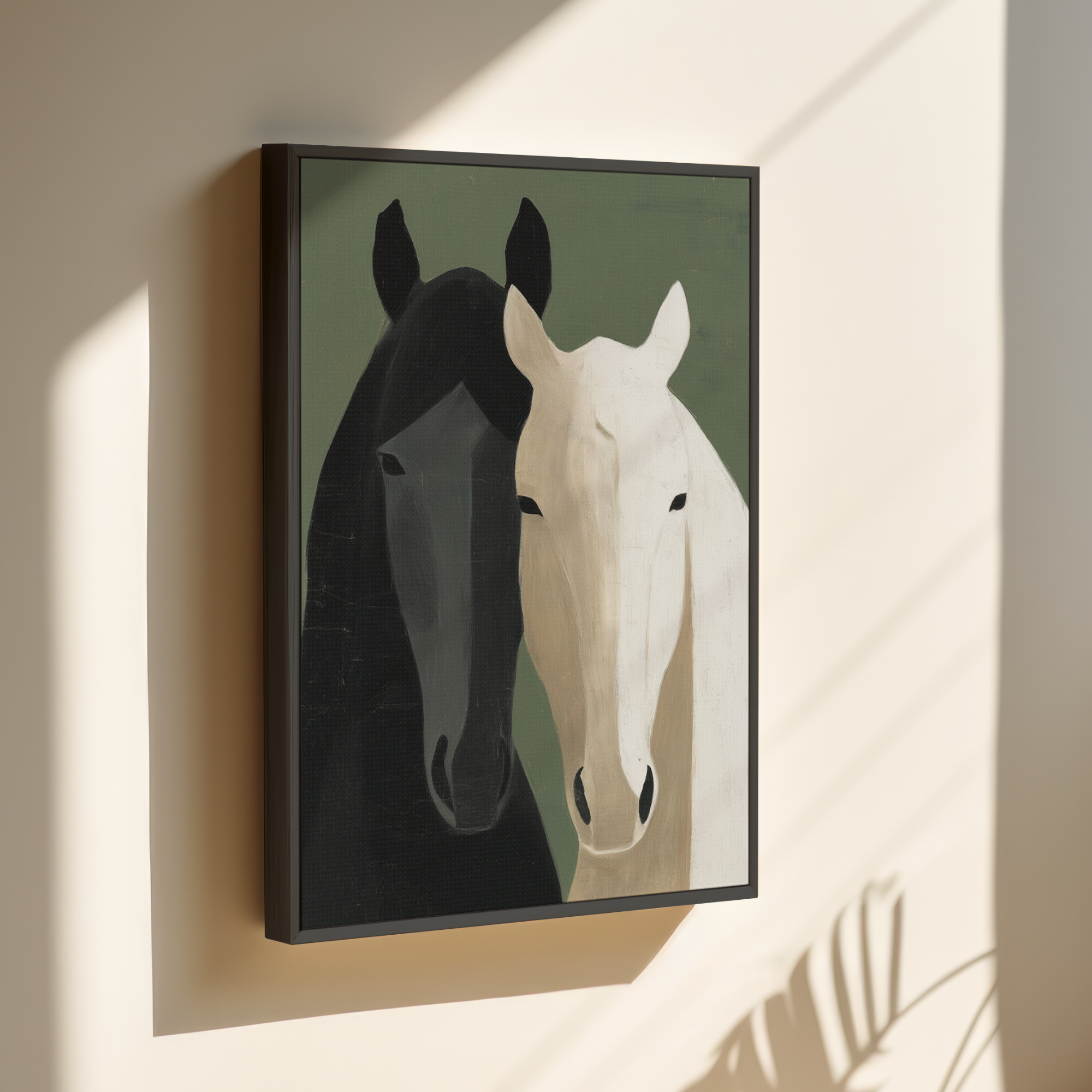 Framed artwork featuring two horses, one black and one white, against a green background - Vybe Interior