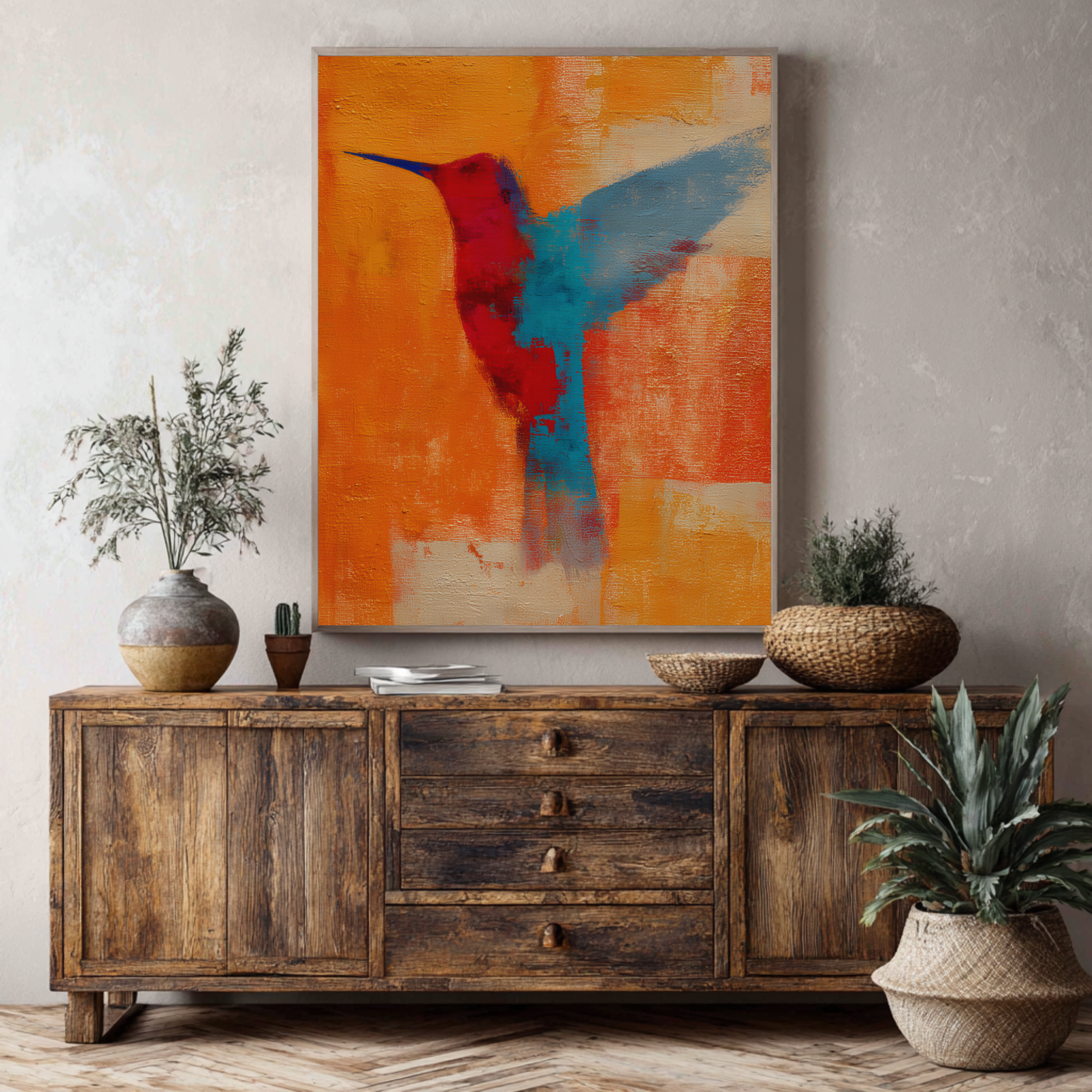 Colorful abstract painting of a hummingbird in red and blue on an orange background - Vybe Interior