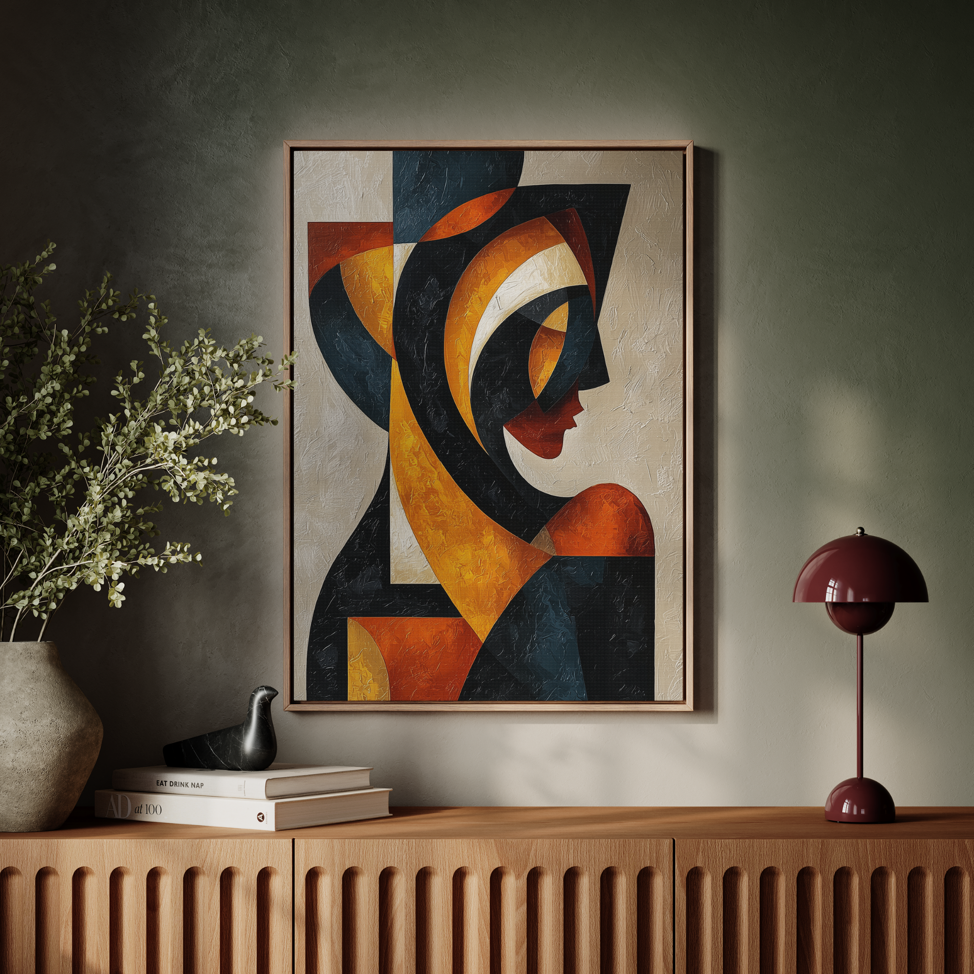 Abstract art piece featuring bold colors and geometric shapes, framed on a wall - Vybe Interior
