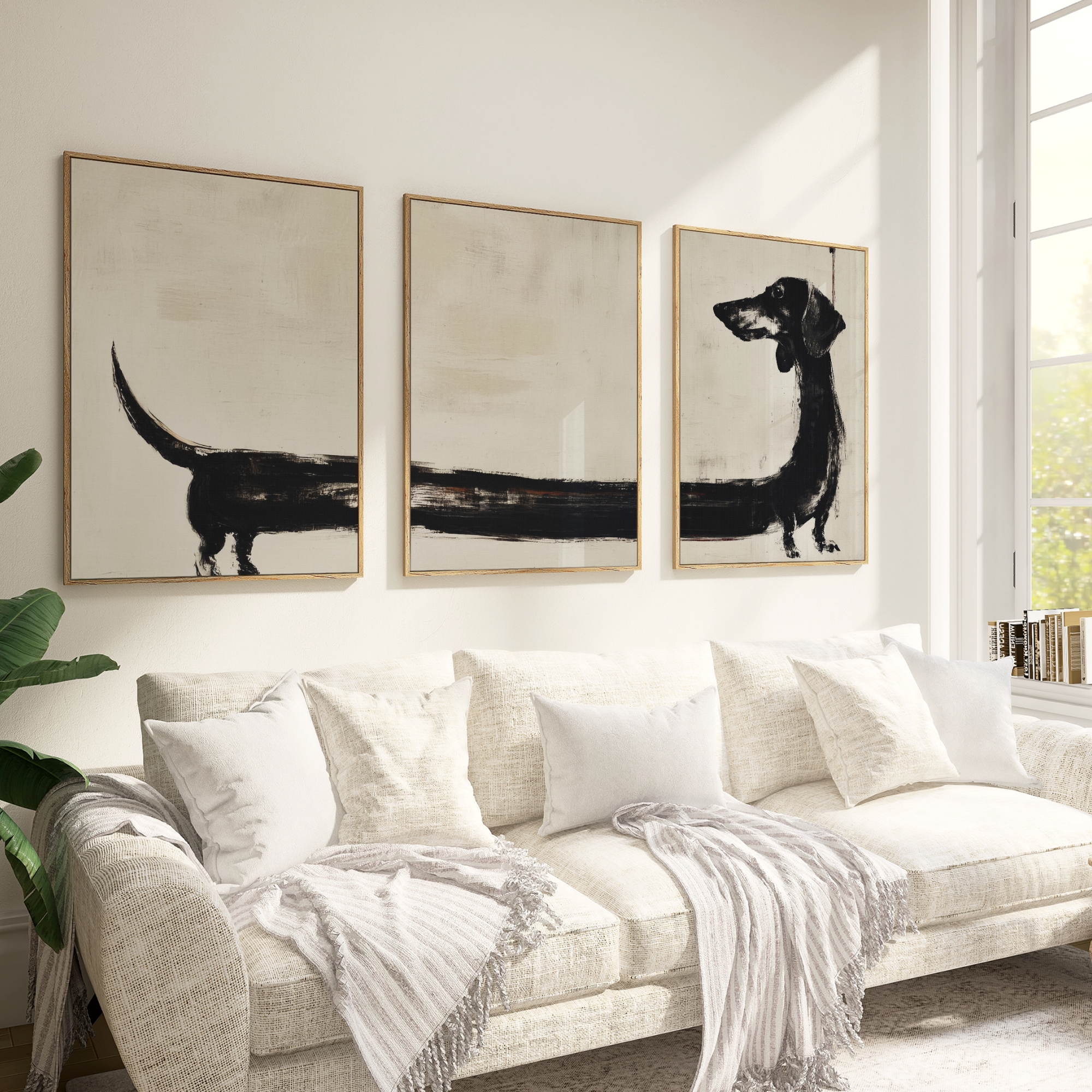 Three framed artworks of a dachshund in black on a beige background above a light sofa. - Vybe Interior