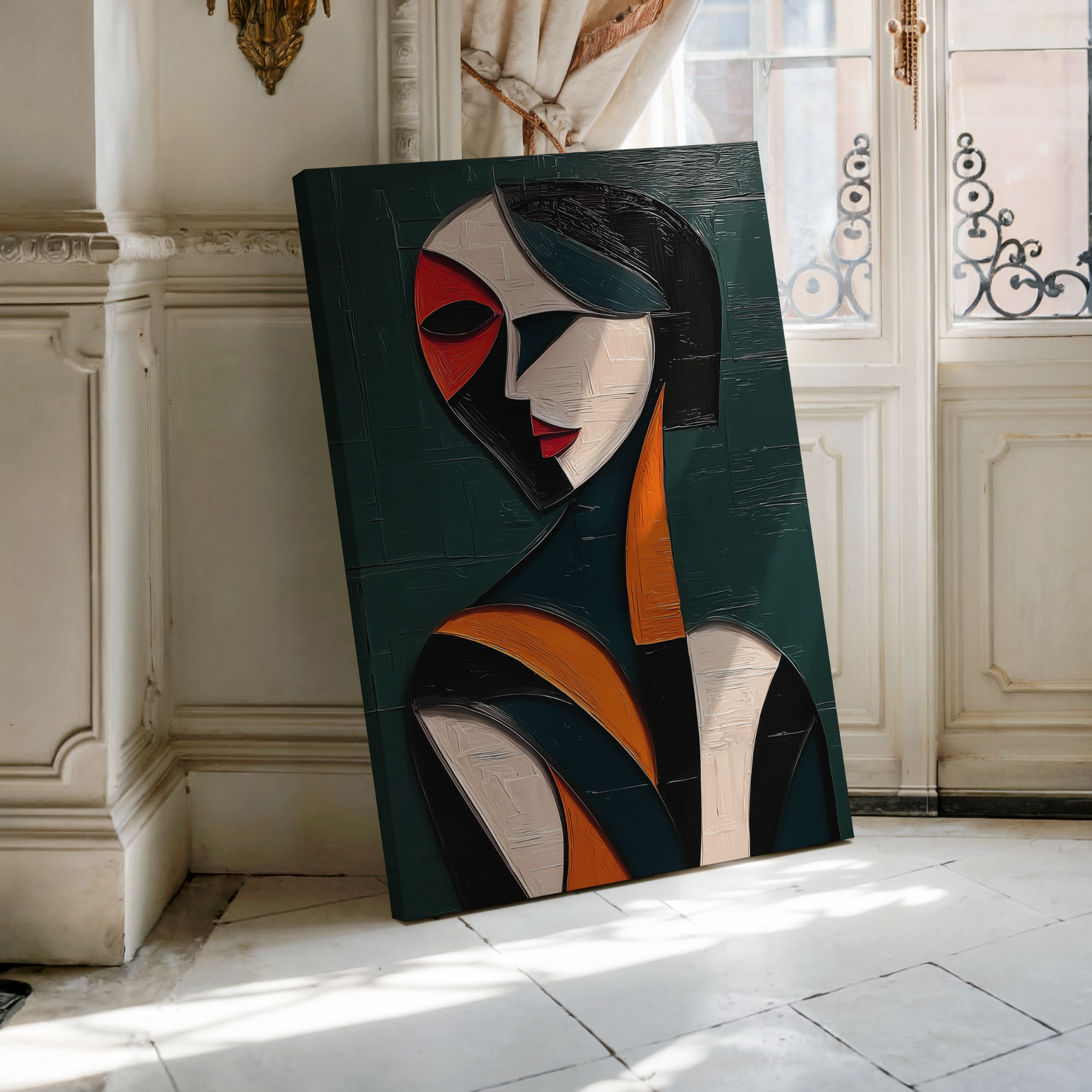 Abstract painting featuring a woman in bold colors: green, orange, red, and cream. - Vybe Interior