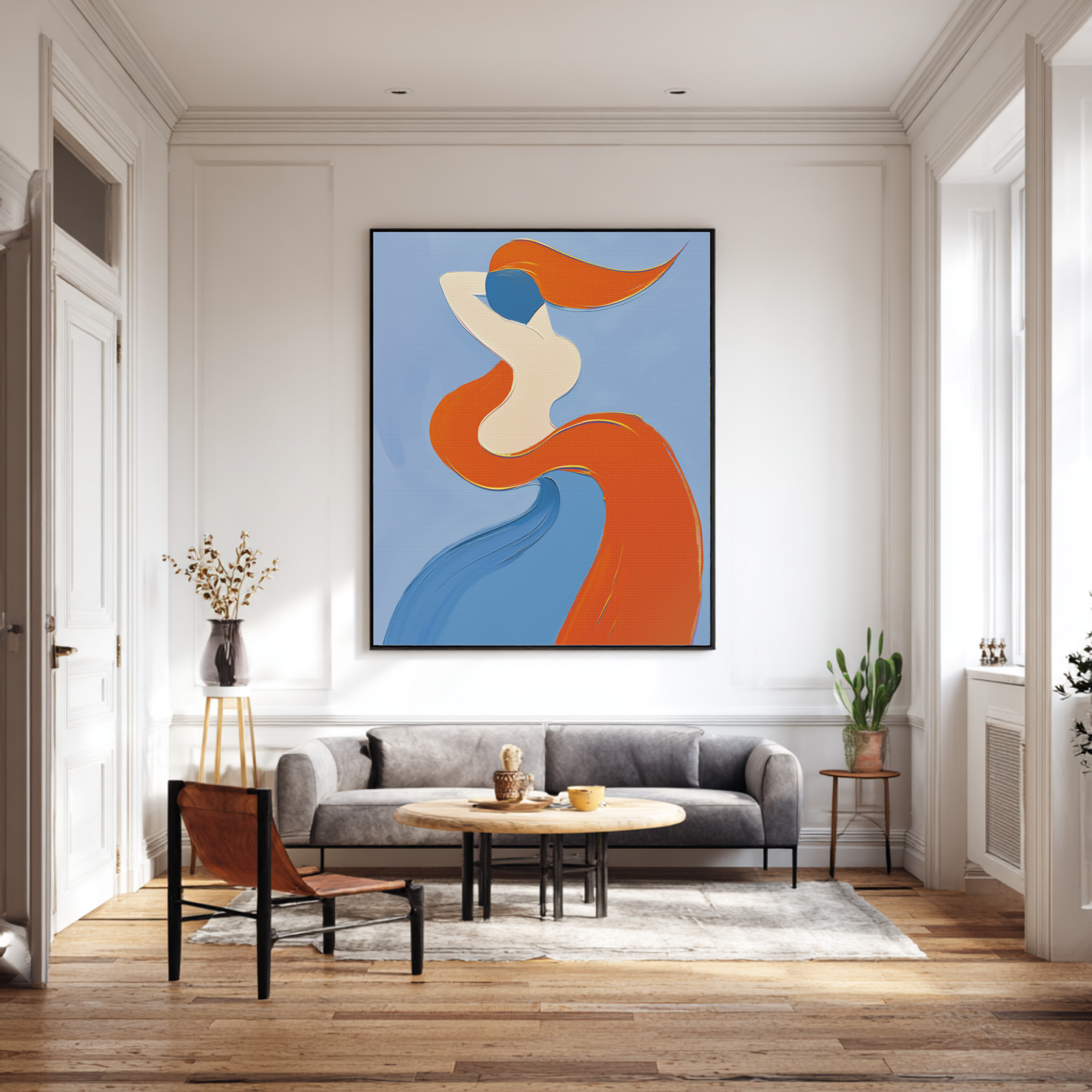 Abstract artwork featuring a figure in red and blue against a light blue background. - Vybe Interior
