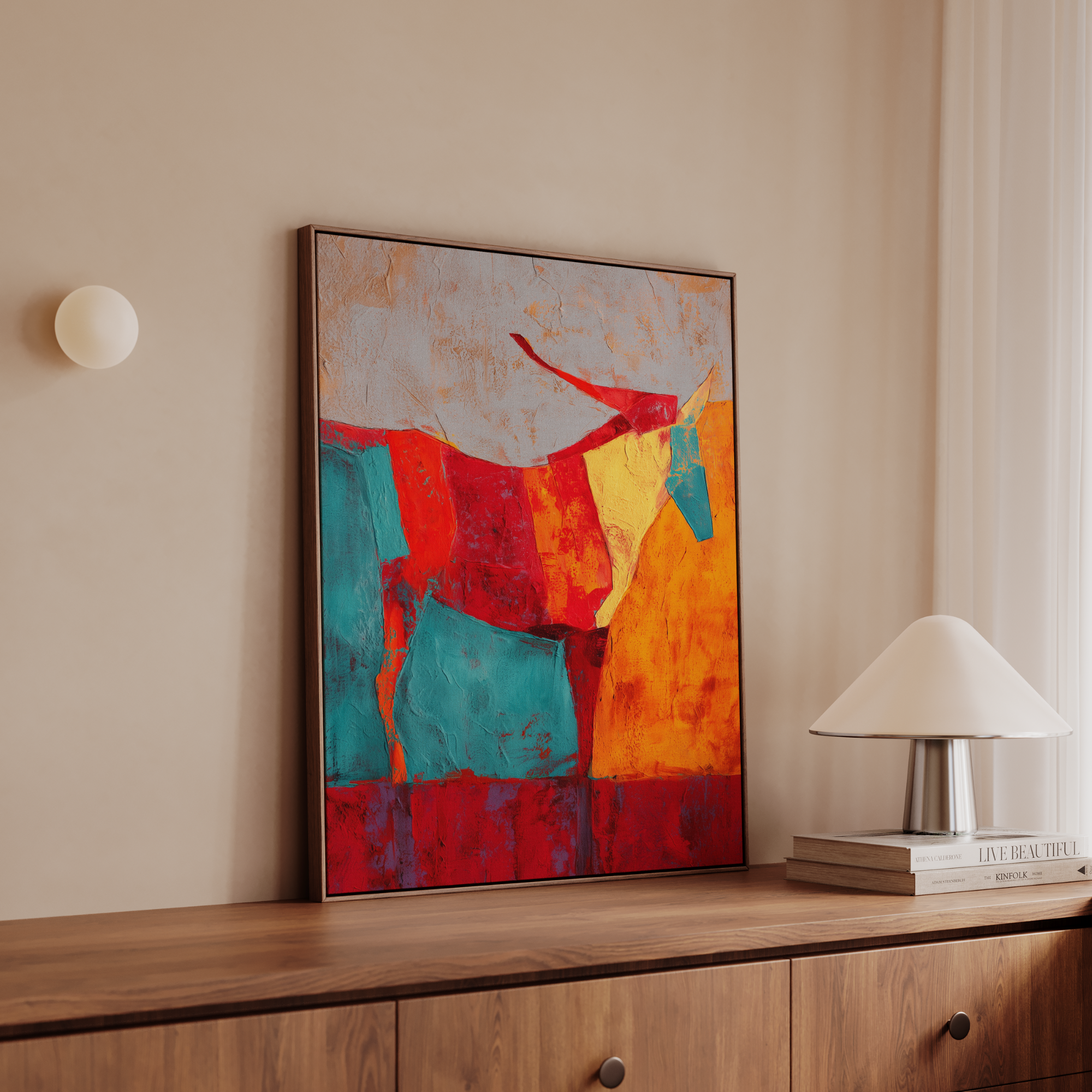 Colorful abstract painting of a horse in red, blue, and orange tones on a wall - Vybe Interior