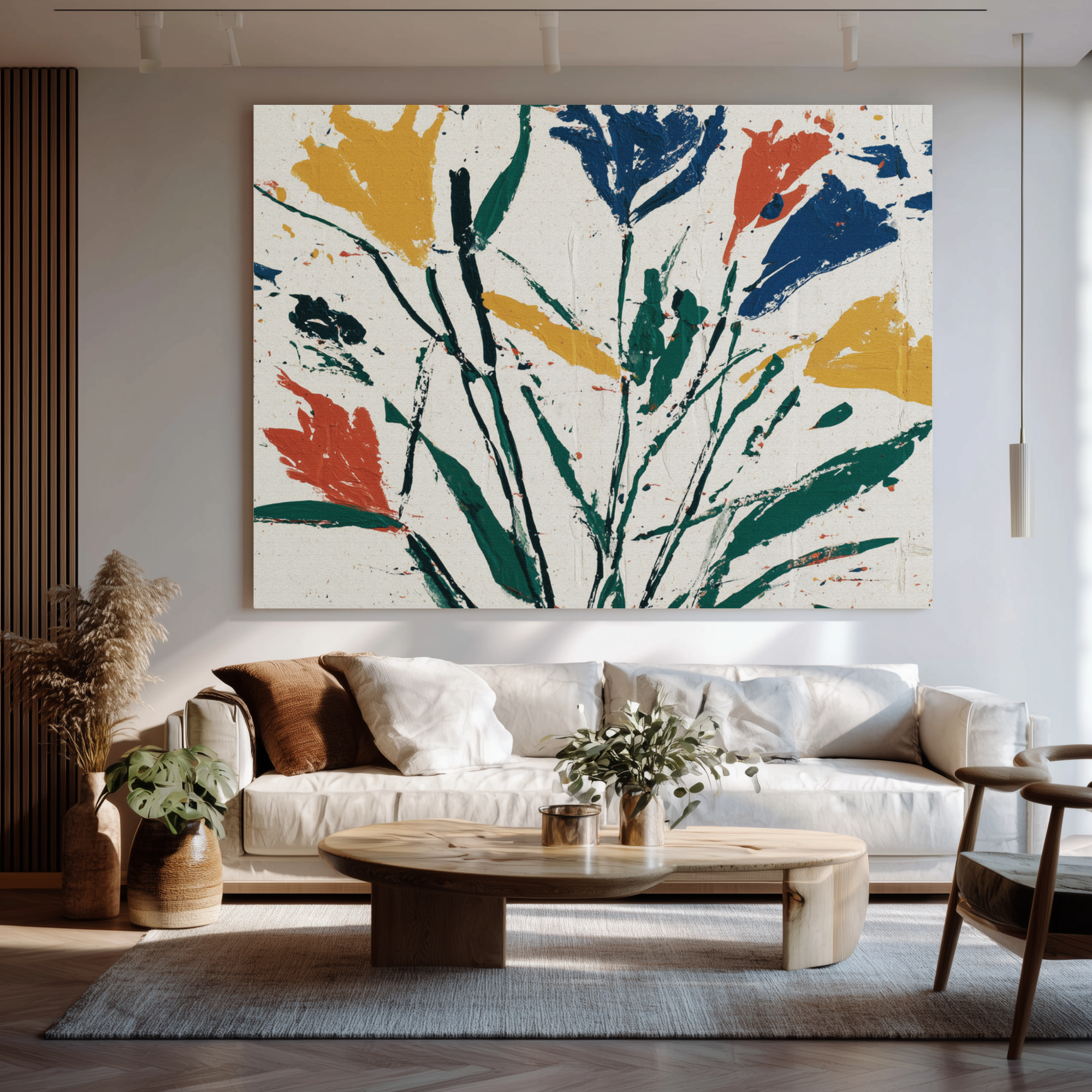 Colorful abstract floral artwork on a textured background above a cozy sofa and coffee table - Vybe Interior
