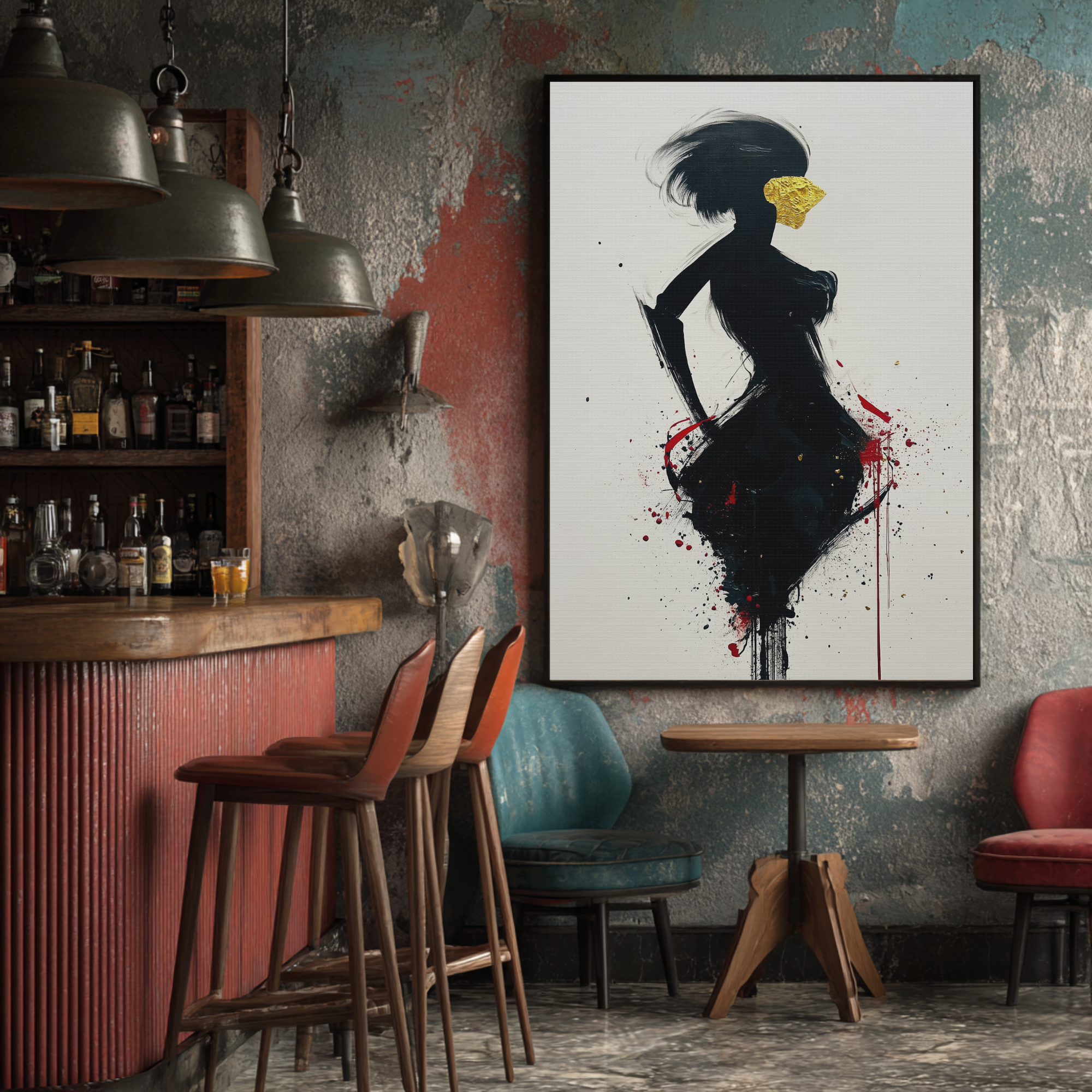 A bold silhouette painting in black and red, featuring a figure with a gold accent. - Vybe Interior