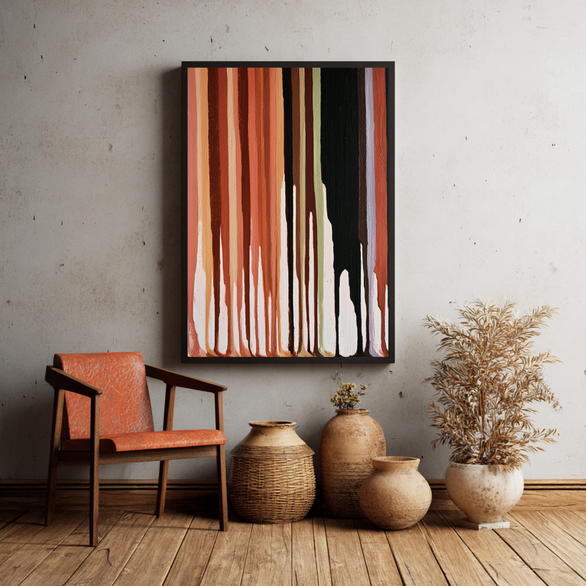 Abstract wall art with vertical stripes in warm tones, paired with a rustic chair and vases. - Vybe Interior