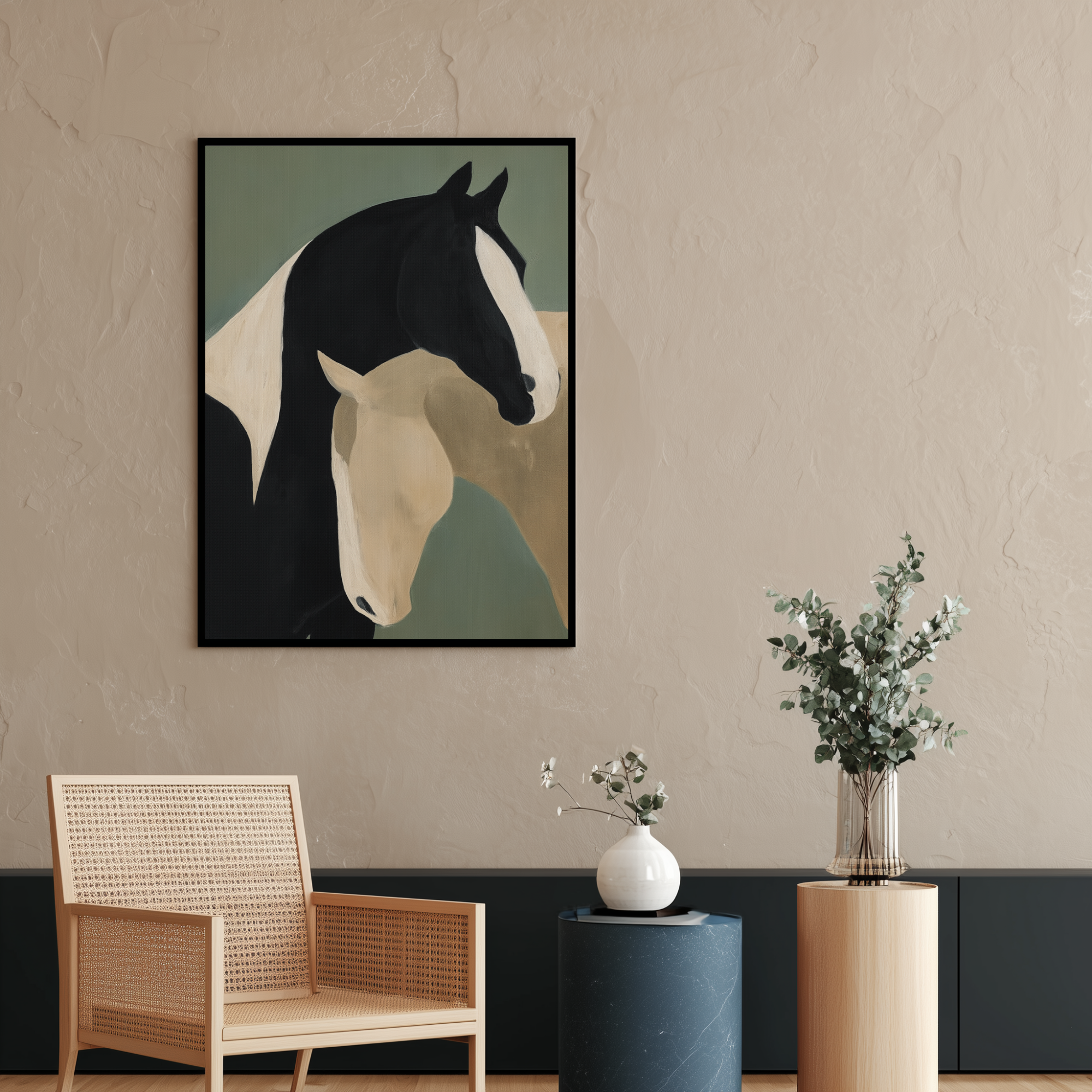 Framed artwork of two stylized horses in black and cream tones on a muted background - Vybe Interior