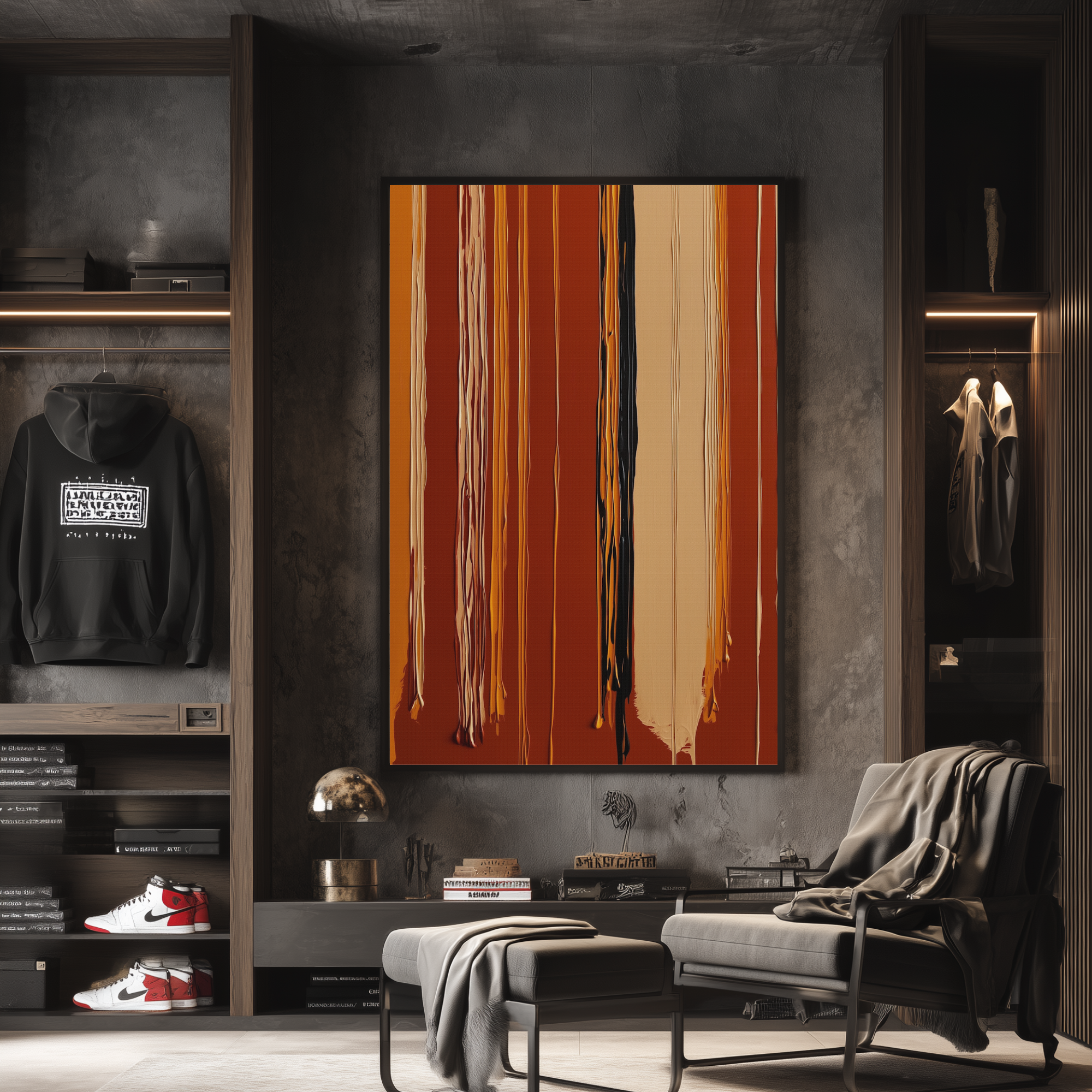 Abstract artwork with vertical stripes in warm tones of orange, beige, and brown. - Vybe Interior