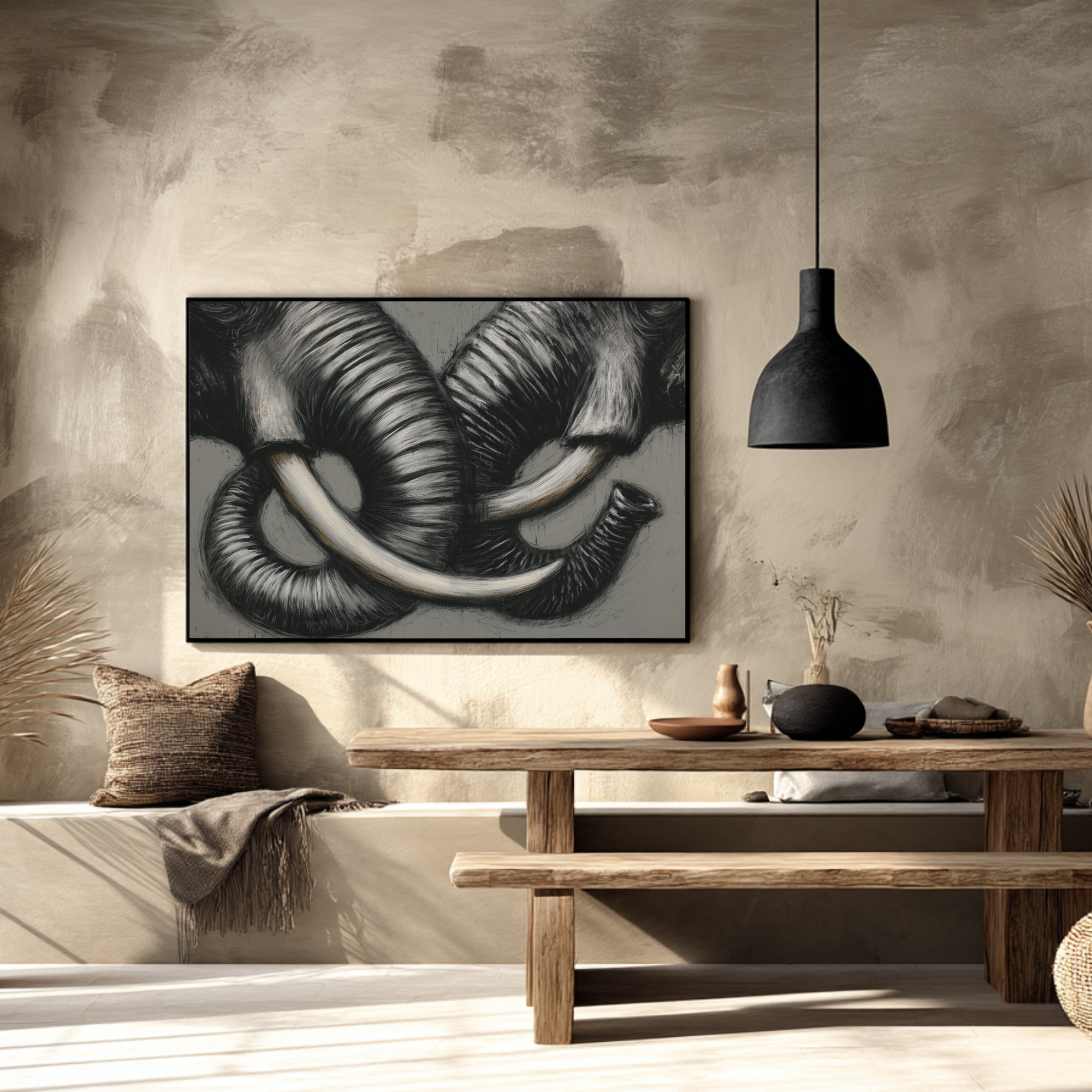 Black and white elephant artwork on a textured wall with wooden table and decor items - Vybe Interior
