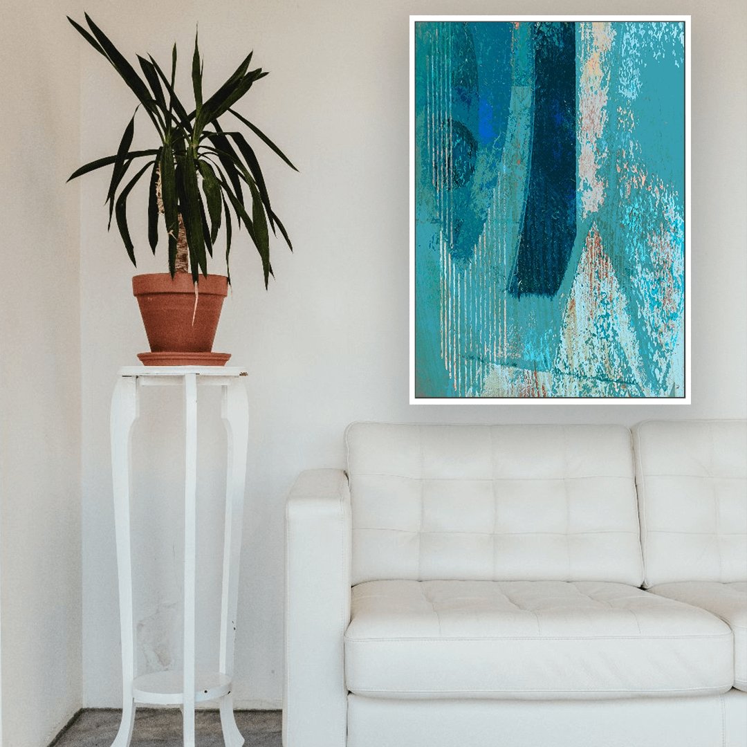 All the Blues framed vertical canvas wall art piece for sale at Vybe Interior