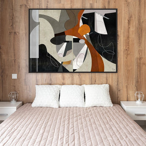 Graphically Dynamic framed horizontal abstract canvas wall art piece for sale at Vybe Interior