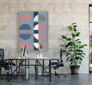 Half Circles 3 framed vertical large canvas wall art piece for sale at Vybe Interior