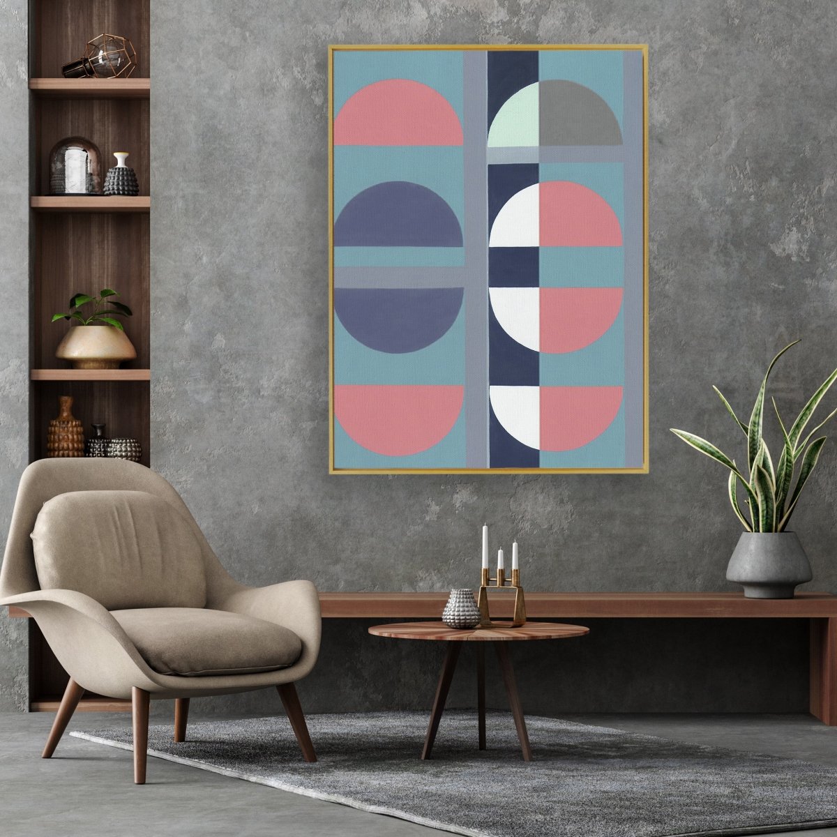 Half Circles 3 framed vertical large canvas wall art piece for sale at Vybe Interior