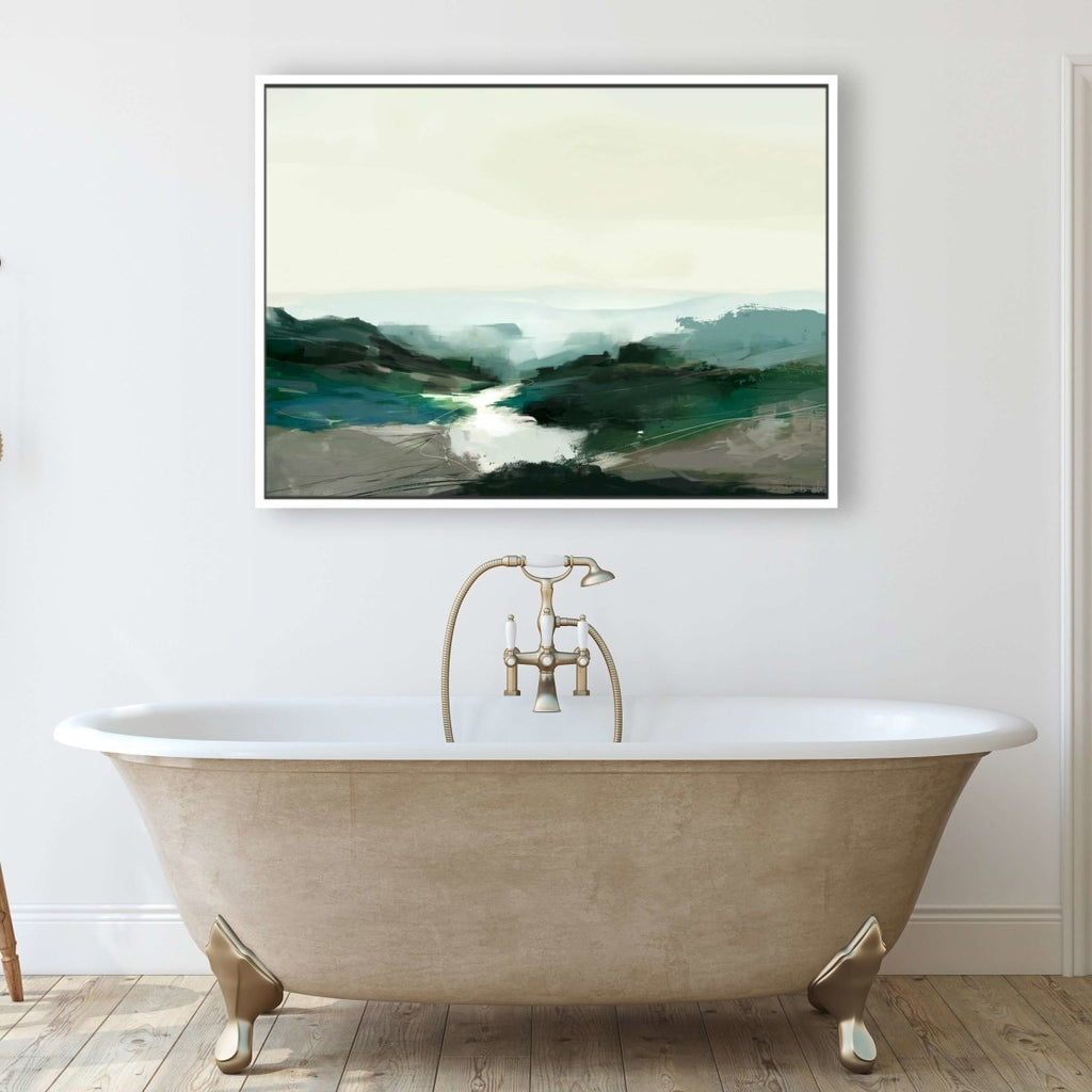 Highland View framed horizontal large canvas wall art piece for sale at Vybe Interior
