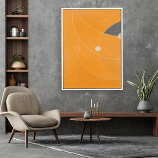 Orbiting 1 framed vertical large canvas wall art piece for sale at Vybe Interior