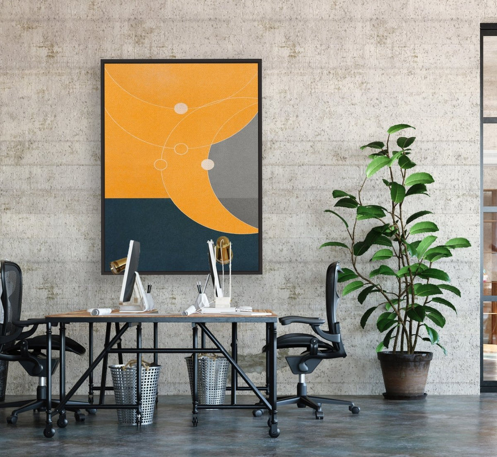 Orbiting 2 framed vertical canvas wall art piece for sale at Vybe Interior