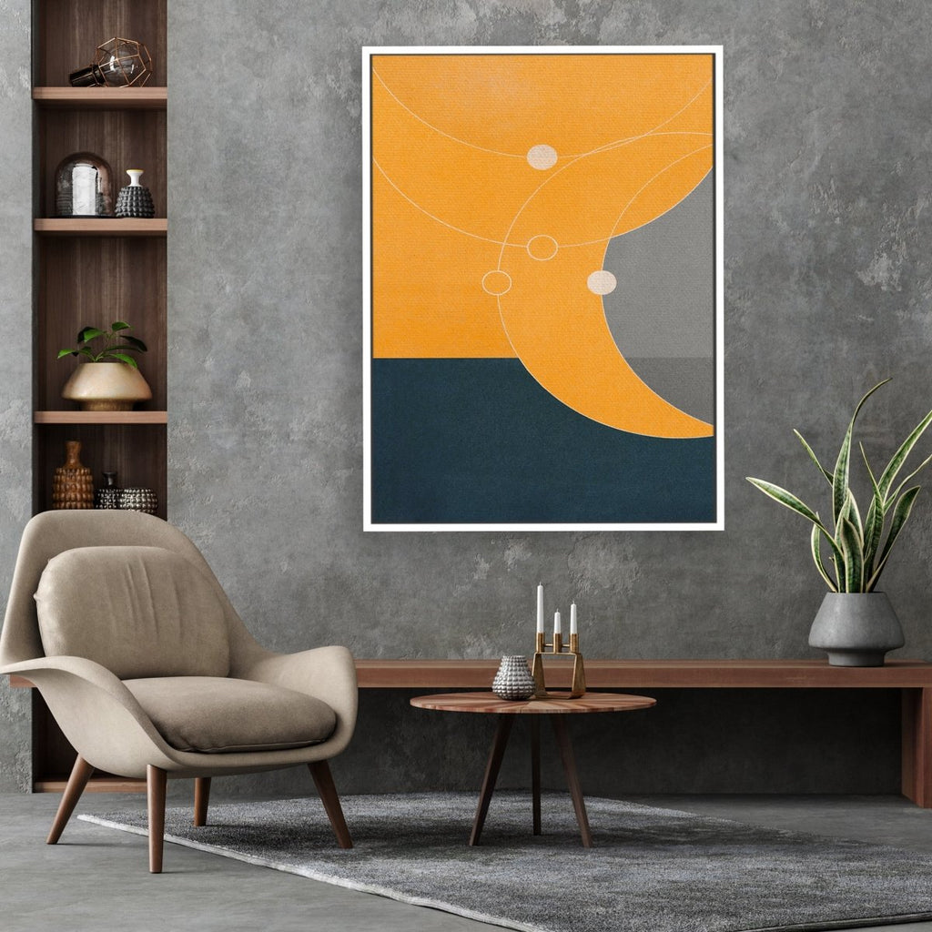 Orbiting 2 framed vertical large canvas wall art piece for sale at Vybe Interior