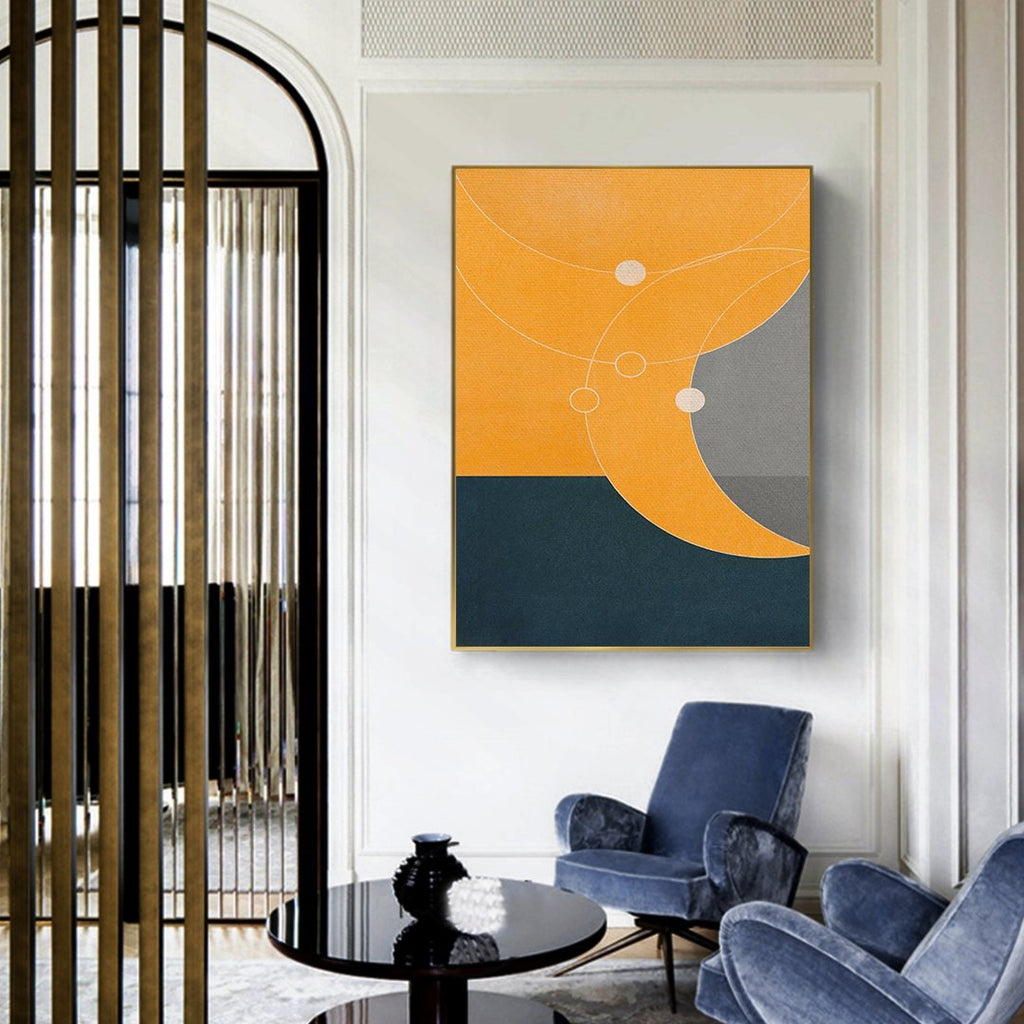 Orbiting 2 framed vertical canvas wall art piece for sale at Vybe Interior
