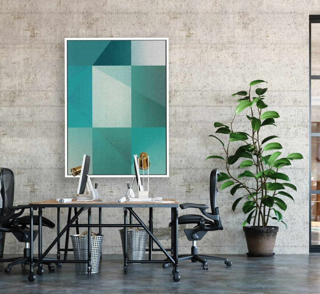Trigonale 4 framed vertical large canvas wall art piece for sale at Vybe Interior